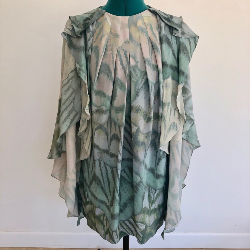 Vanessa Bruno Sheer Ruffled Blouse in Mint Green and Cream